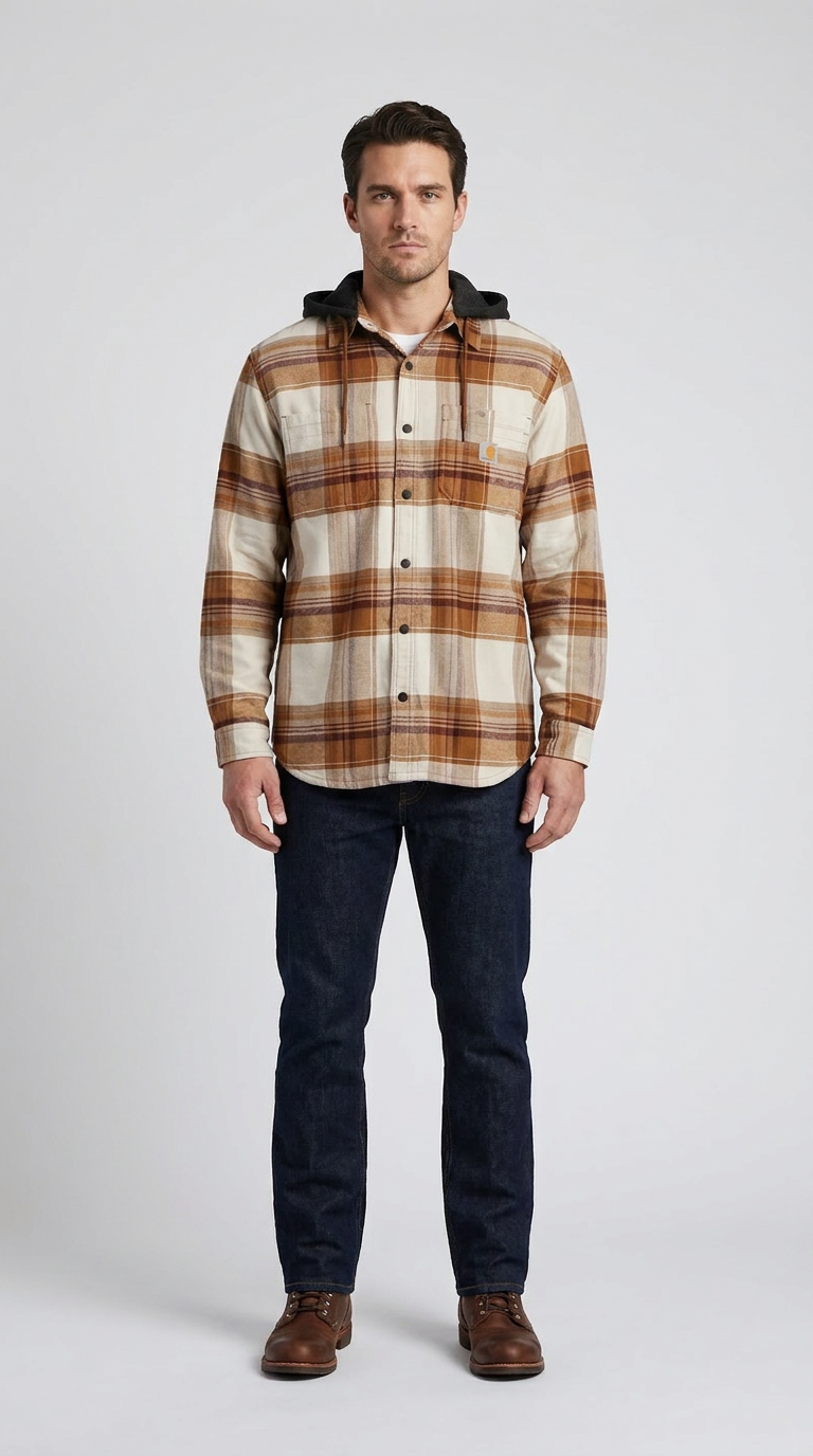 Mand i brunternet flannelsskjorte med hætte, mørkeblå jeans og brune støvler på en lys baggrund.