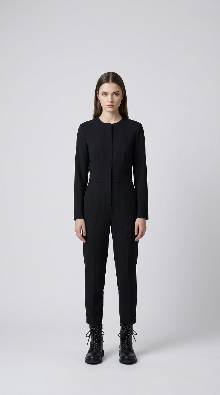 Kvinde i en langærmet sort jumpsuit og sorte snørestøvler mod en lysegrå baggrund.