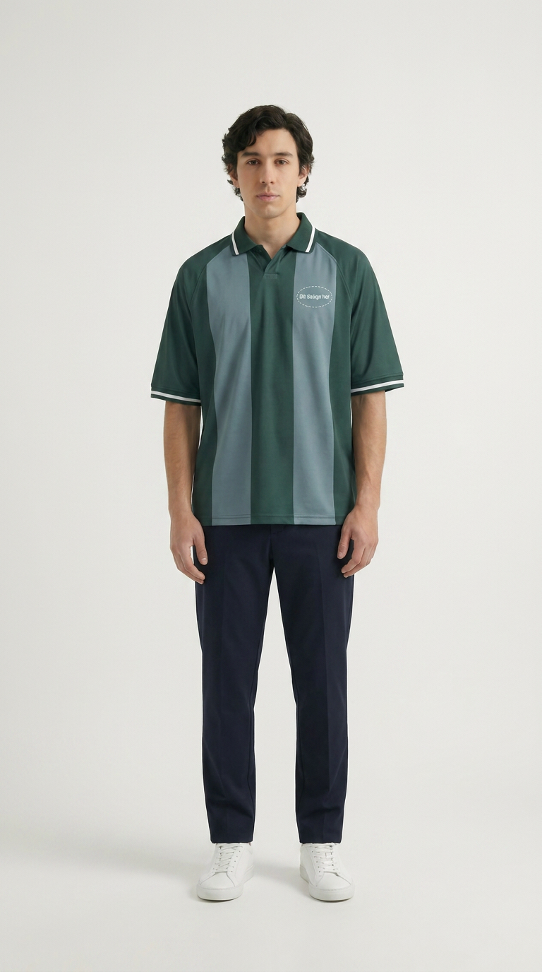 Mand i grøn og grå stribet polo, mørkeblå bukser og hvide sneakers på hvid baggrund.