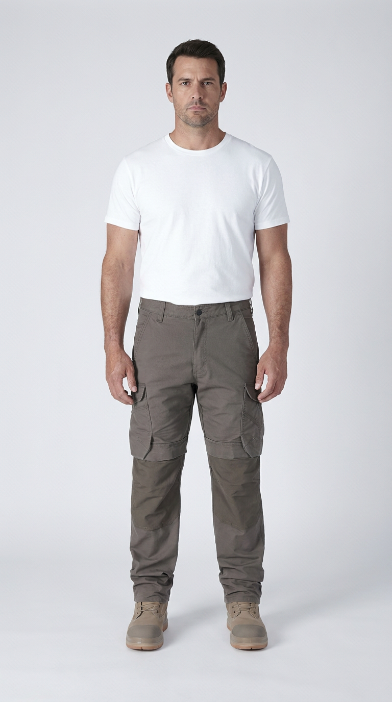 Mand i hvid t-shirt og olivengrønne cargobukser stående mod en hvid baggrund.