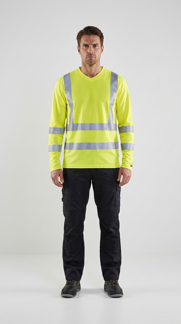 Mand i langærmet gul high-vis t-shirt med reflekser og mørke arbejdsbukser.