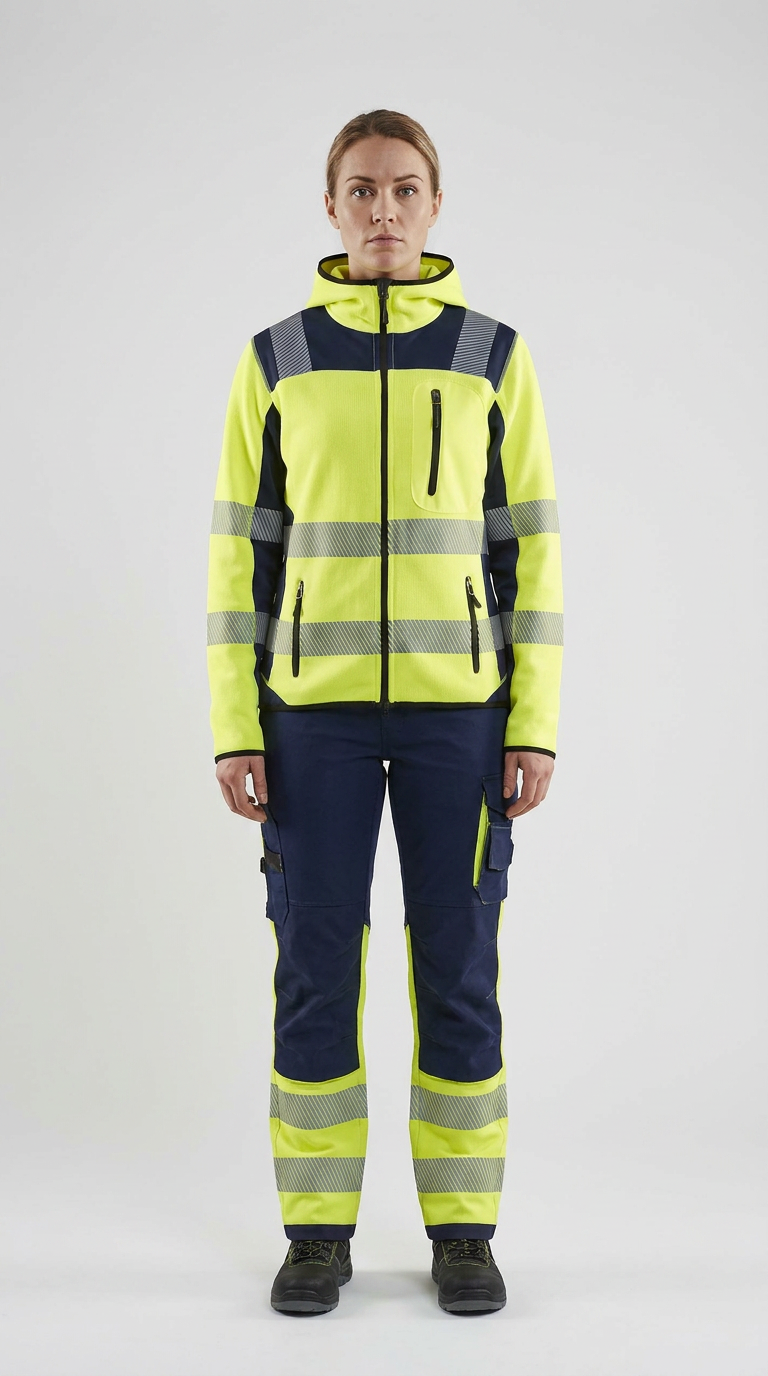 Kvinde i gul og marineblå arbejdsjakke og bukser med refleksstriber mod en lys baggrund.