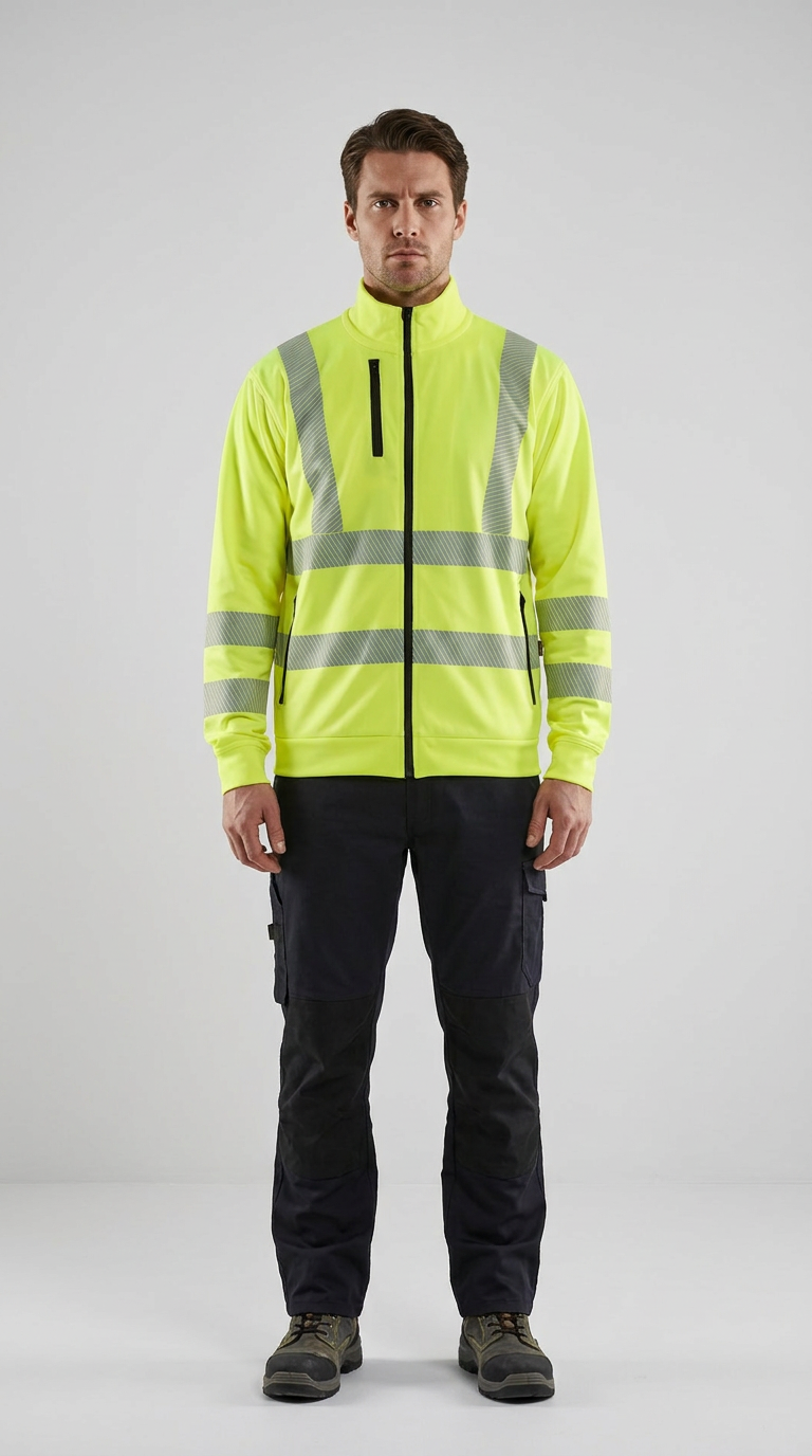 Mand iført gul high-vis jakke med refleksstriber og mørke arbejdsbukser på en lys baggrund.