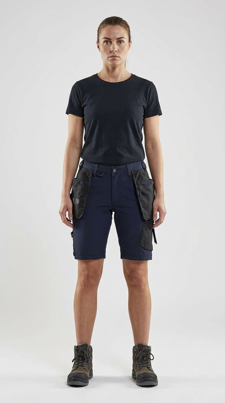 Kvinde i sort t-shirt, mørkeblå arbejdsshorts med lommer og arbejdsstøvler på hvid baggrund.
