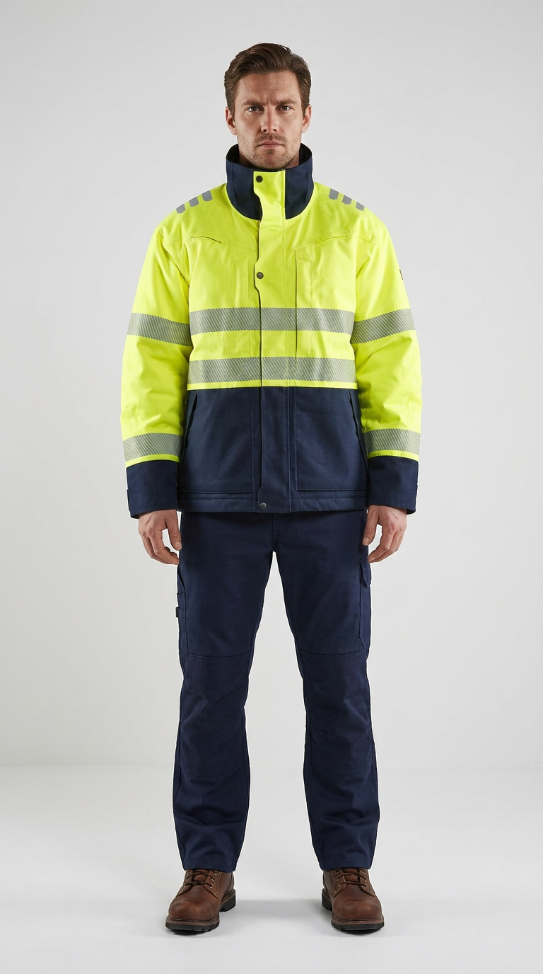 Mand i gul og mørkeblå high-visibility arbejdsjakke med reflekser og mørkeblå arbejdsbukser.