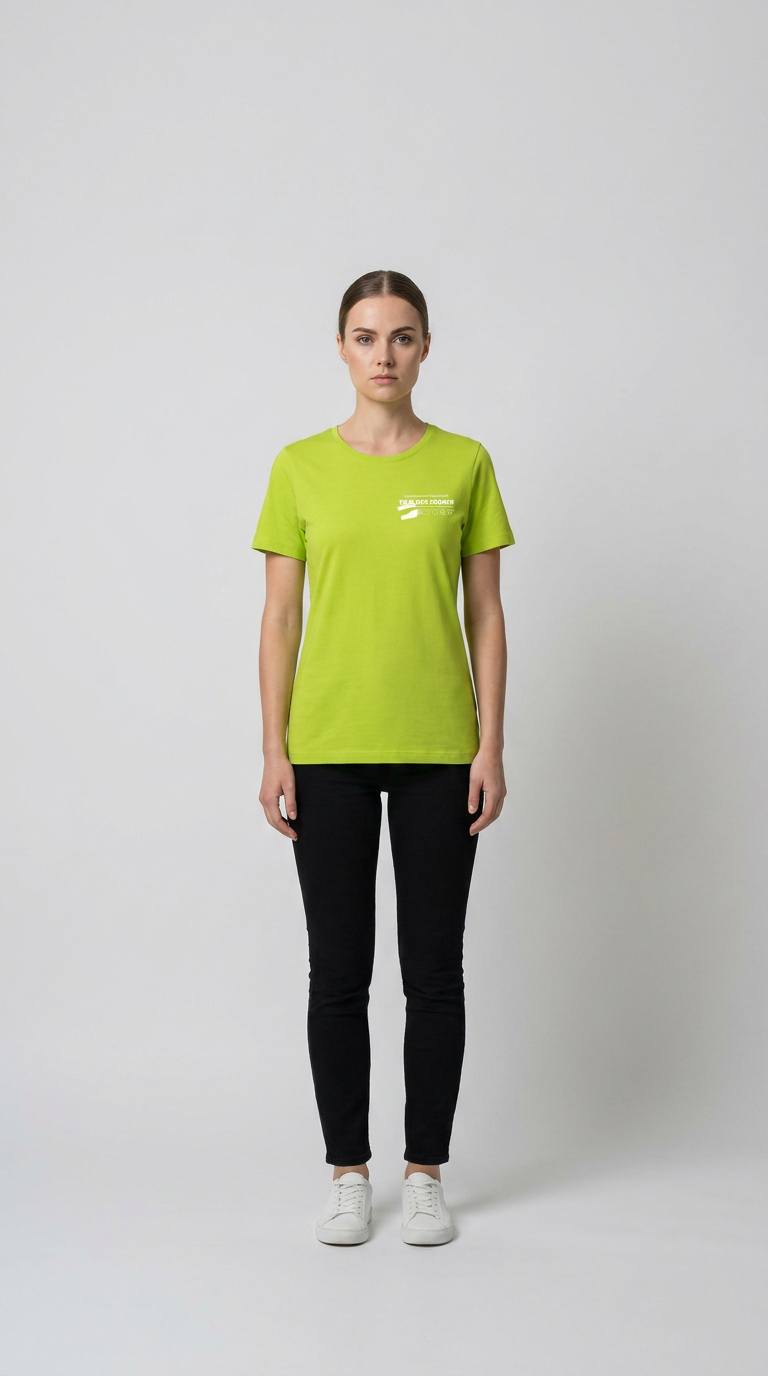 Kvinde iført limegrøn t-shirt med hvidt logo, sorte bukser og hvide sneakers mod en lys baggrund.