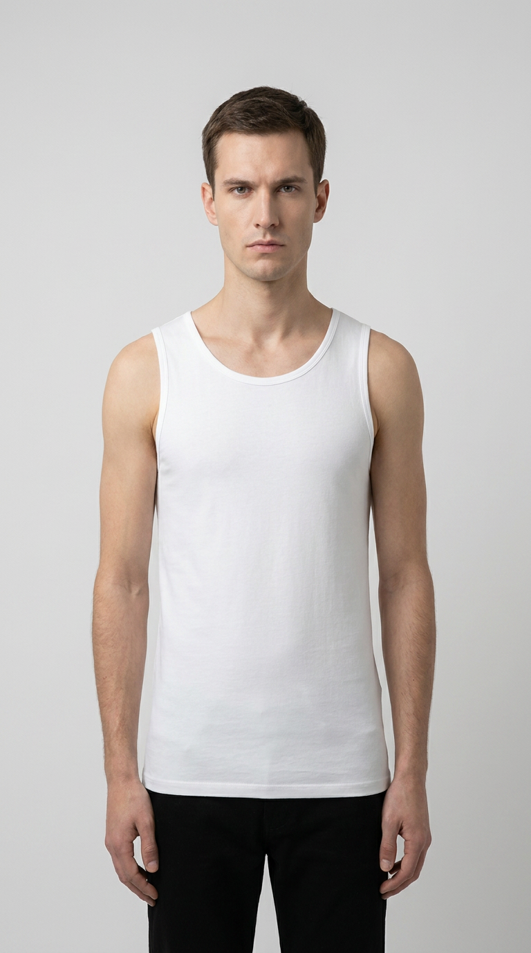 Mand i hvid tanktop og sorte bukser foran en lys grå baggrund.