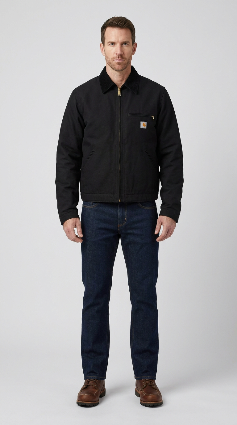 Mand i sort Carhartt-jakke, mørkeblå jeans og brune støvler mod en lys grå baggrund.