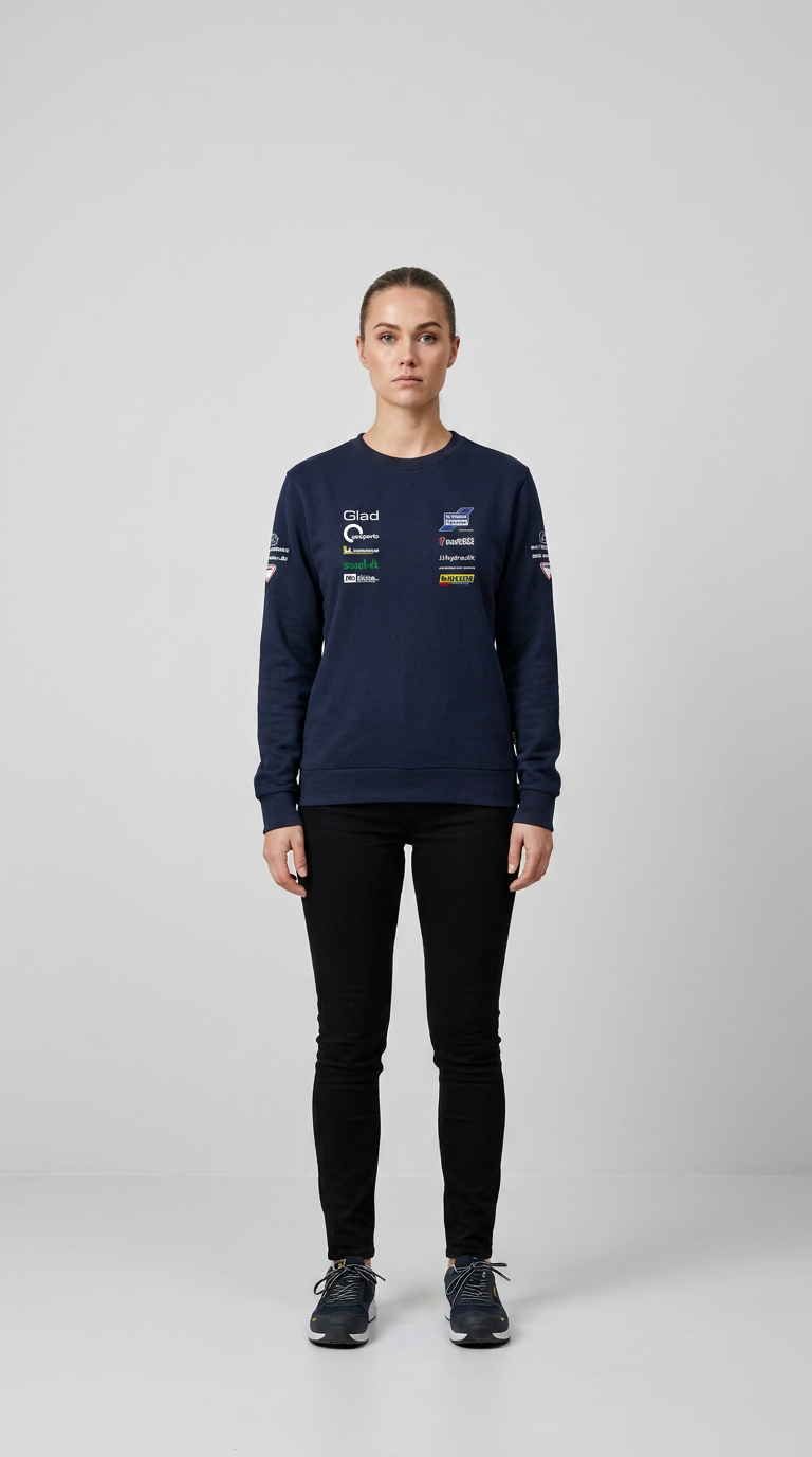 Kvinde i mørkeblå sweatshirt med sponsorlogoer og sorte bukser mod en lys baggrund.