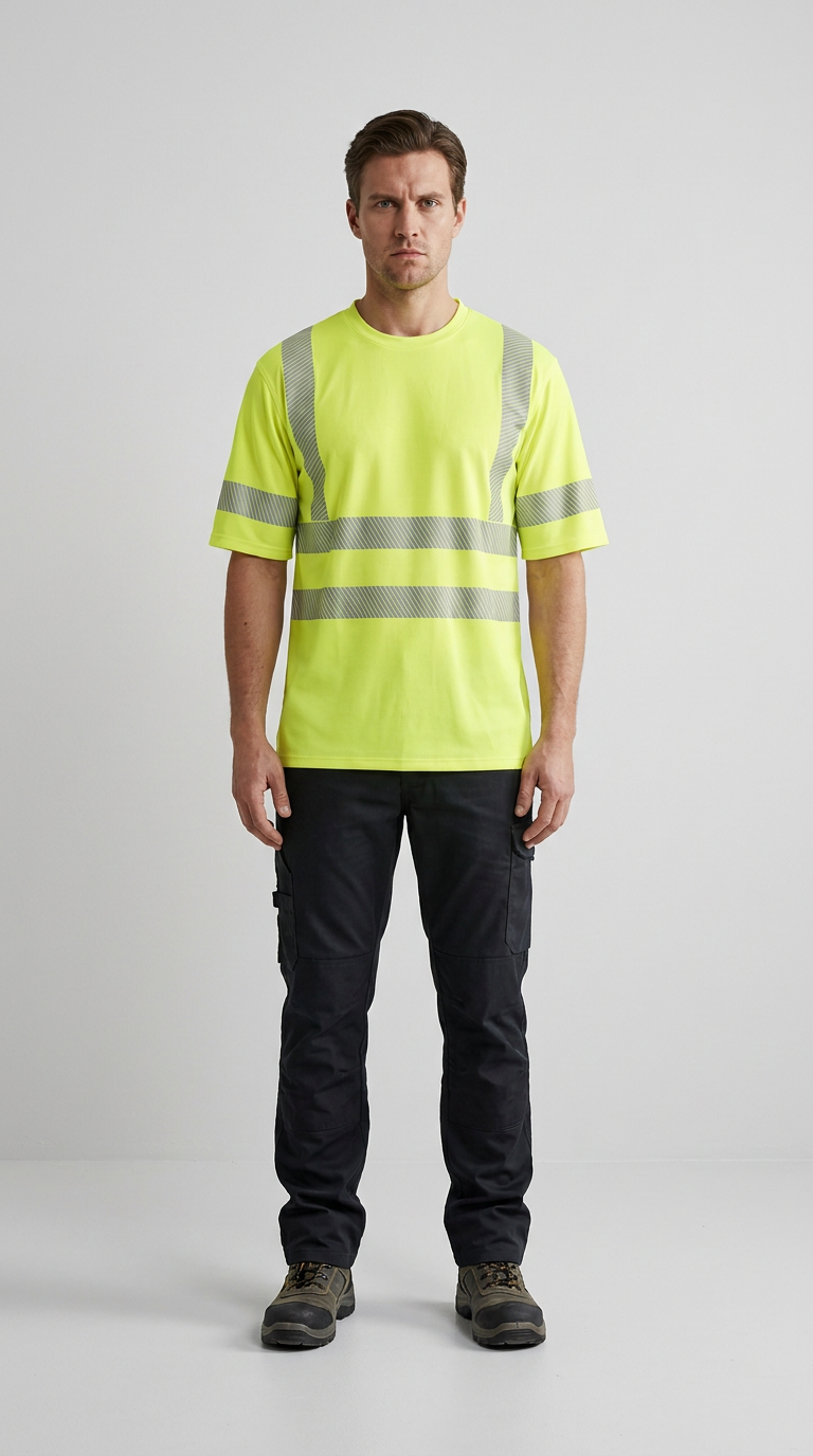 Mand iført neongul t-shirt med refleksstriber og sorte arbejdsbukser foran en grå baggrund.