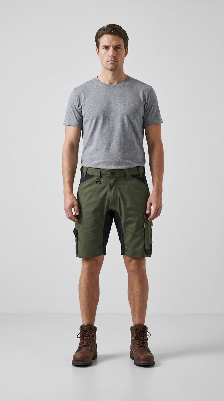 Mand i grå t-shirt, grønne arbejdsshorts og brune læderstøvler mod en lys baggrund.