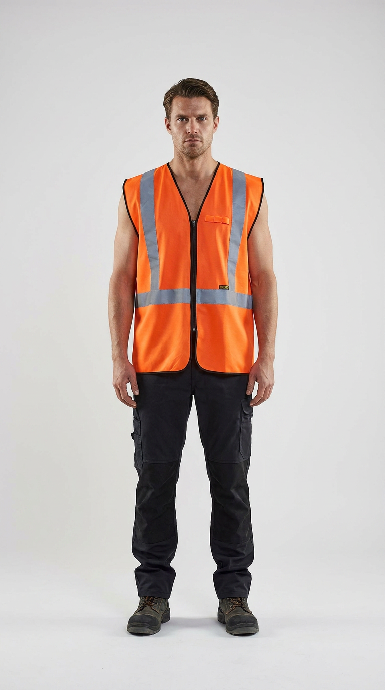 Mand i orange sikkerhedsvest og sorte arbejdsbukser mod en hvid baggrund.