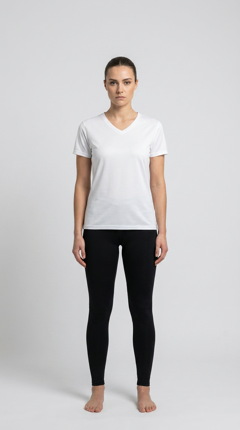 Kvinde i en hvid t-shirt med v-udskæring og sorte leggings mod en grå baggrund.