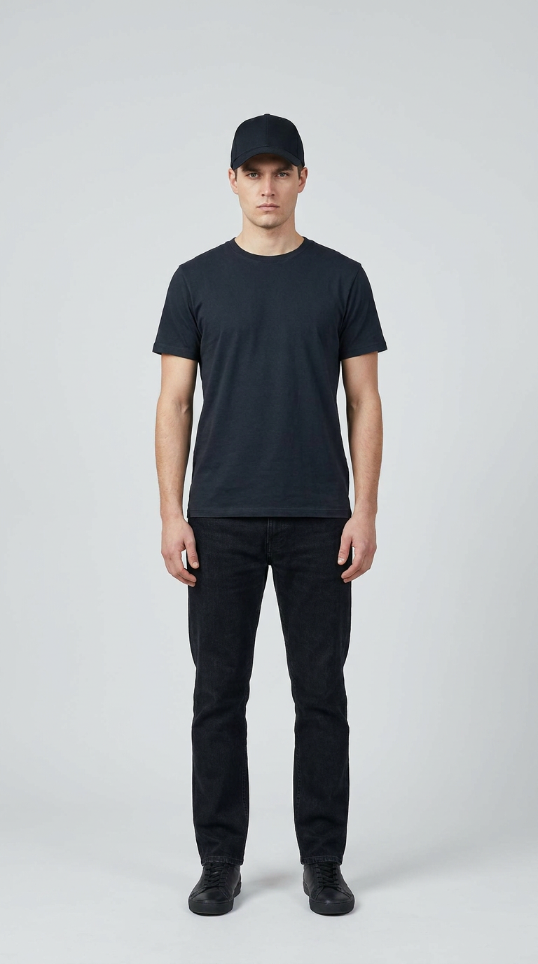 Mand i sort t-shirt, sorte jeans og sort kasket mod en lys baggrund.