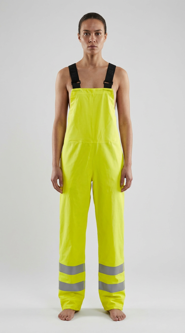 Kvinde i neon-gule overalls med sorte seler og refleksstriber på benene mod en lys baggrund.