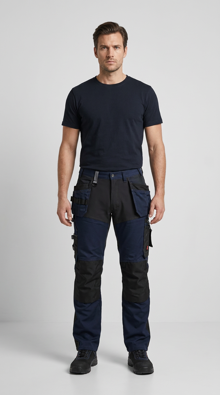 Mand i mørkeblå t-shirt og blå/sorte arbejdsbukser med forstærkede knæ mod en grå baggrund.