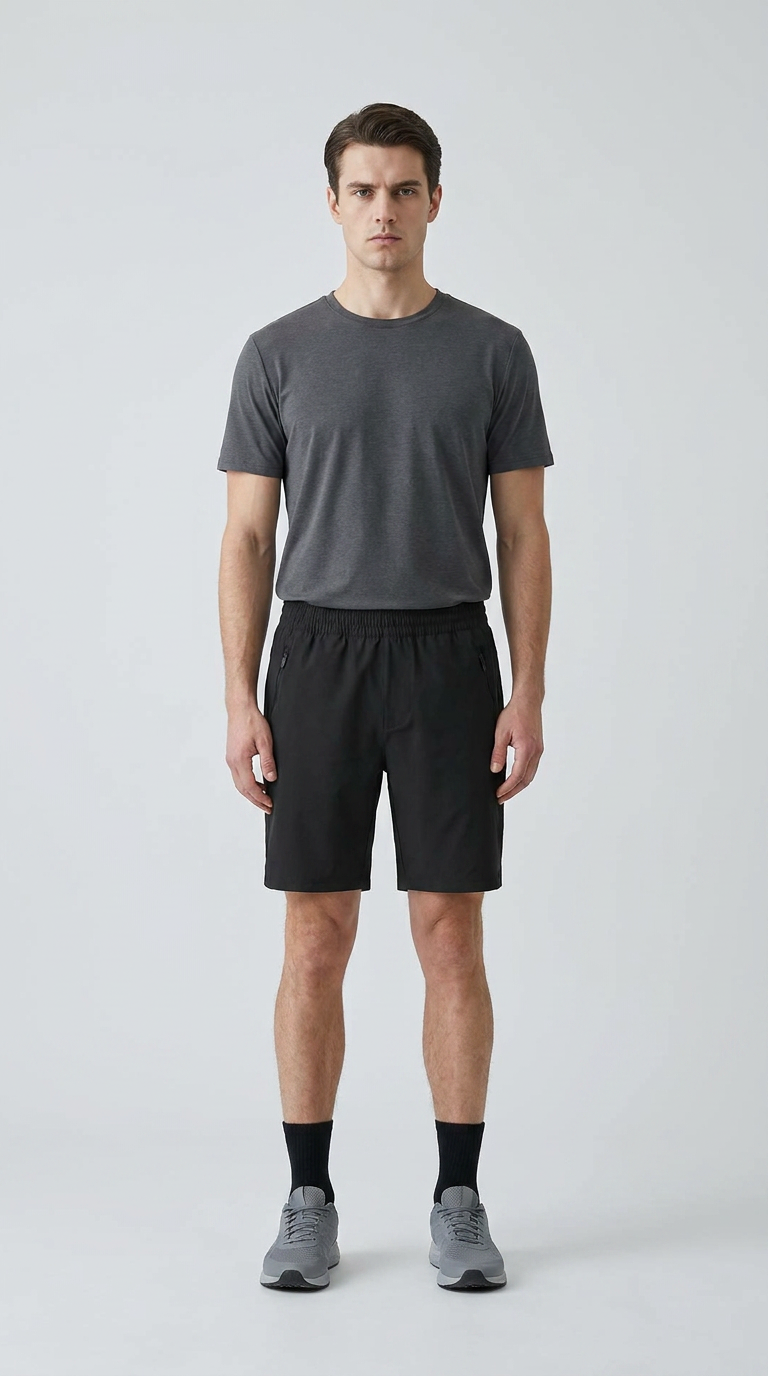 Mand i grå t-shirt, sorte shorts og grå sneakers på en lys baggrund.