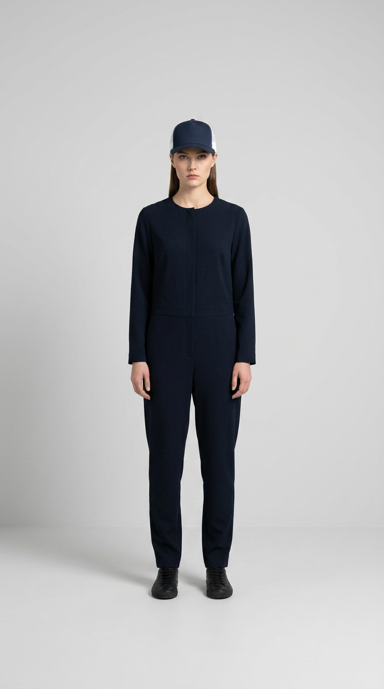 Kvinde i mørkeblå langærmet jumpsuit og kasket stående mod en grå baggrund.