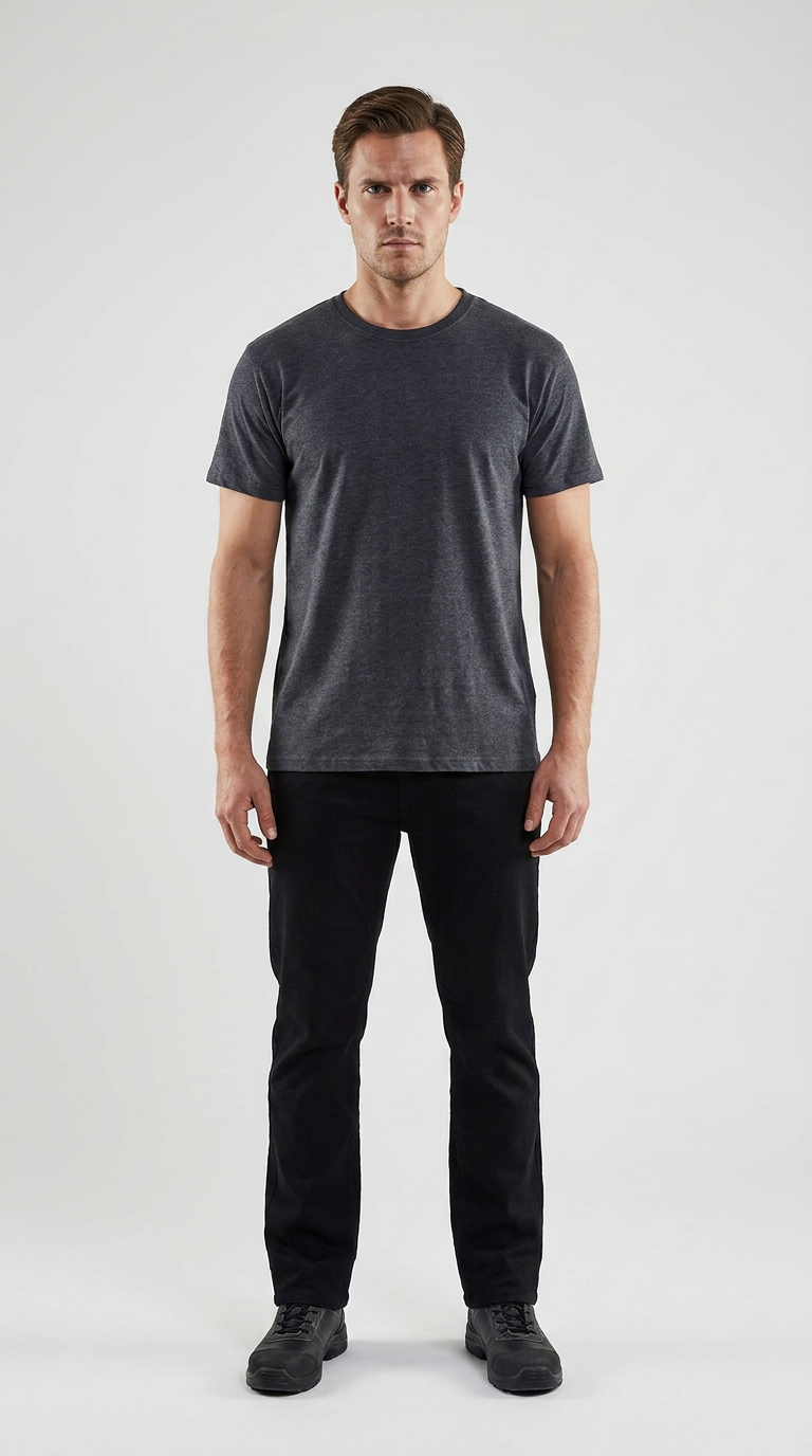 Mand i mørkegrå t-shirt og sorte bukser stående mod en hvid baggrund.