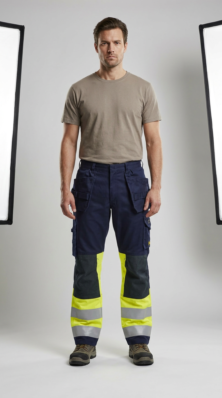 Mand i beige t-shirt og mørkeblå arbejdsbukser med neongule detaljer og reflekser i et fotostudie.