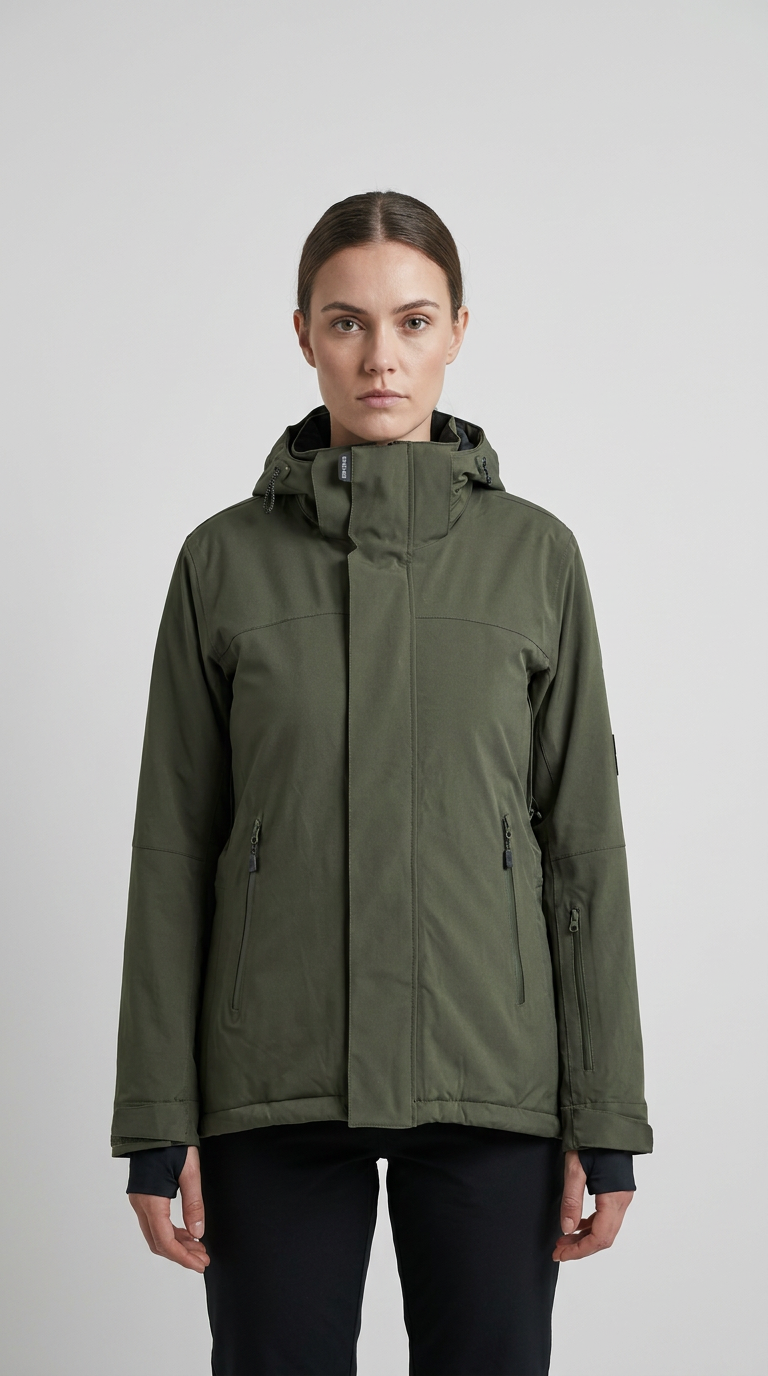 Kvinde iført en olivengrøn outdoor-jakke med hætte mod en neutral baggrund.