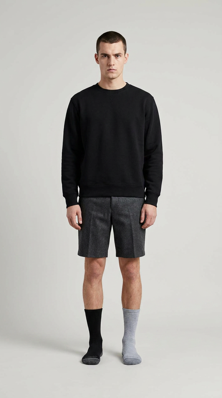 Mand i sort sweatshirt, grå shorts og umage sokker mod en lys baggrund.