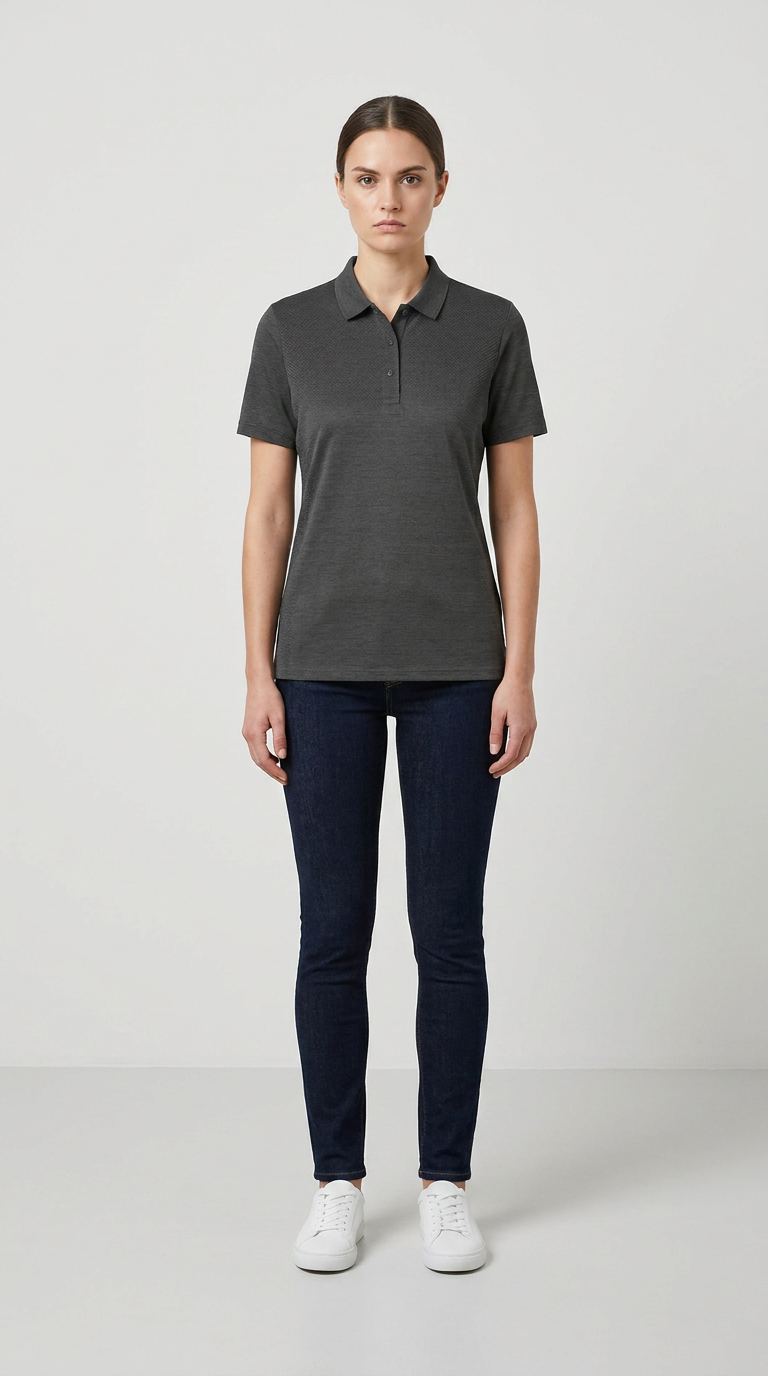 Kvinde i mørkegrå polo shirt, mørkeblå jeans og hvide sneakers mod en lys baggrund.