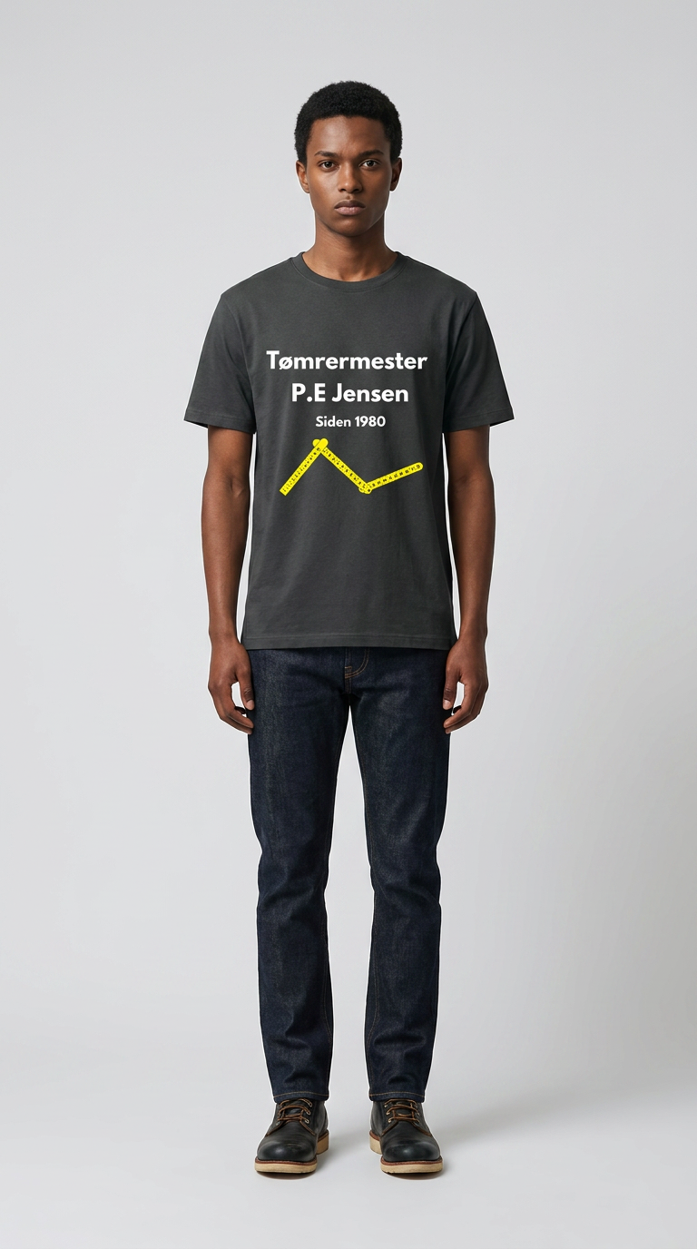 Mand i mørkegrå t-shirt med teksten "Tømrermester P.E Jensen" og en gul tommestok-grafik.