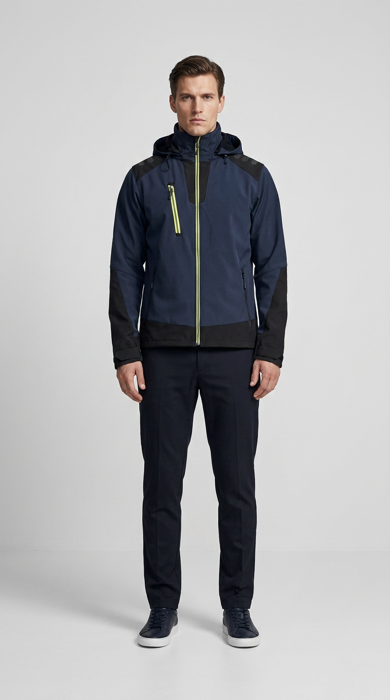Mand i navyblå softshell-jakke med limegrønne detaljer og mørke bukser.