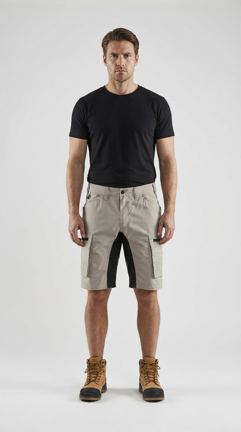 Mand i sort t-shirt, beige cargoshorts og brune arbejdsstøvler mod en hvid baggrund.