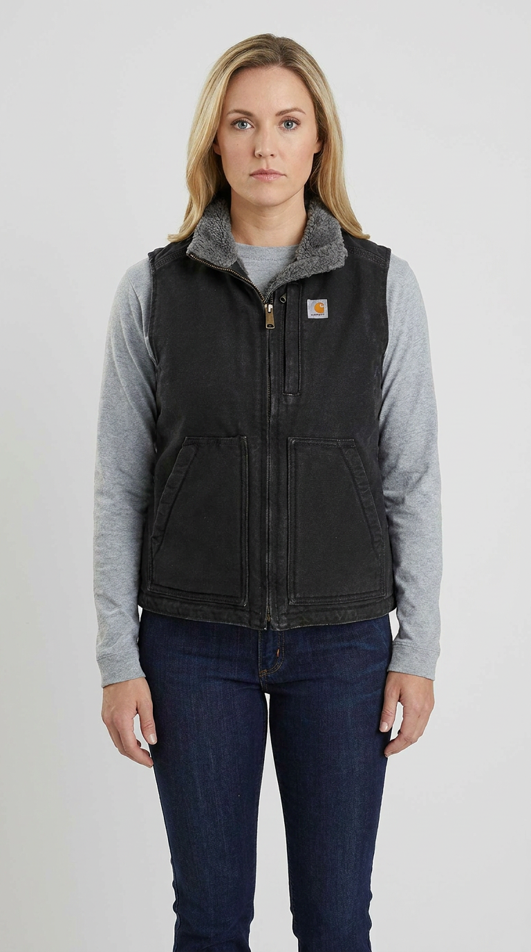 Kvinde i sort Carhartt-vest med fleece-krave, grå langærmet trøje og blå jeans på en lys baggrund.