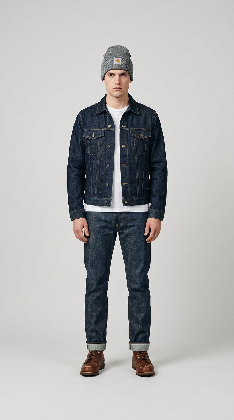 Mand i mørkeblå denimjakke, jeans, hvid t-shirt og grå hue mod en neutral grå baggrund.