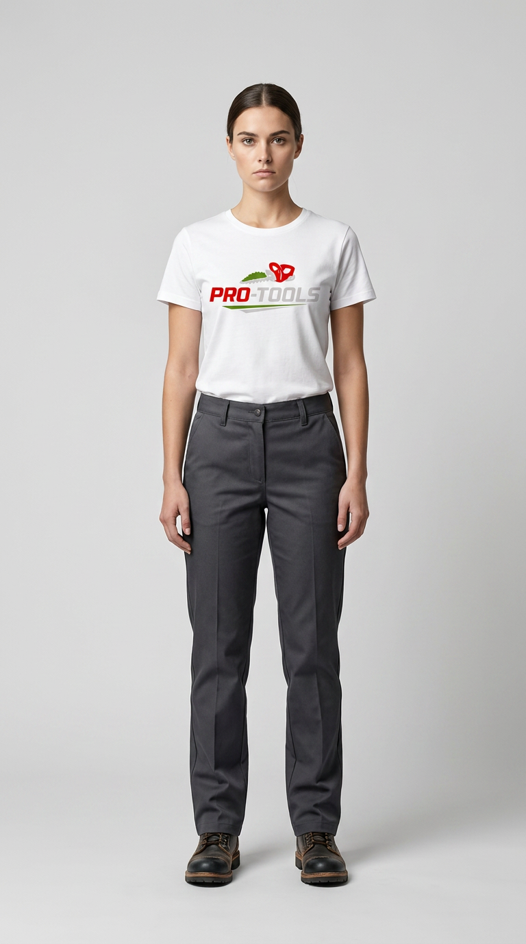 Kvinde i hvid Pro-Tools t-shirt og mørkegrå arbejdsbukser foran en lys baggrund.
