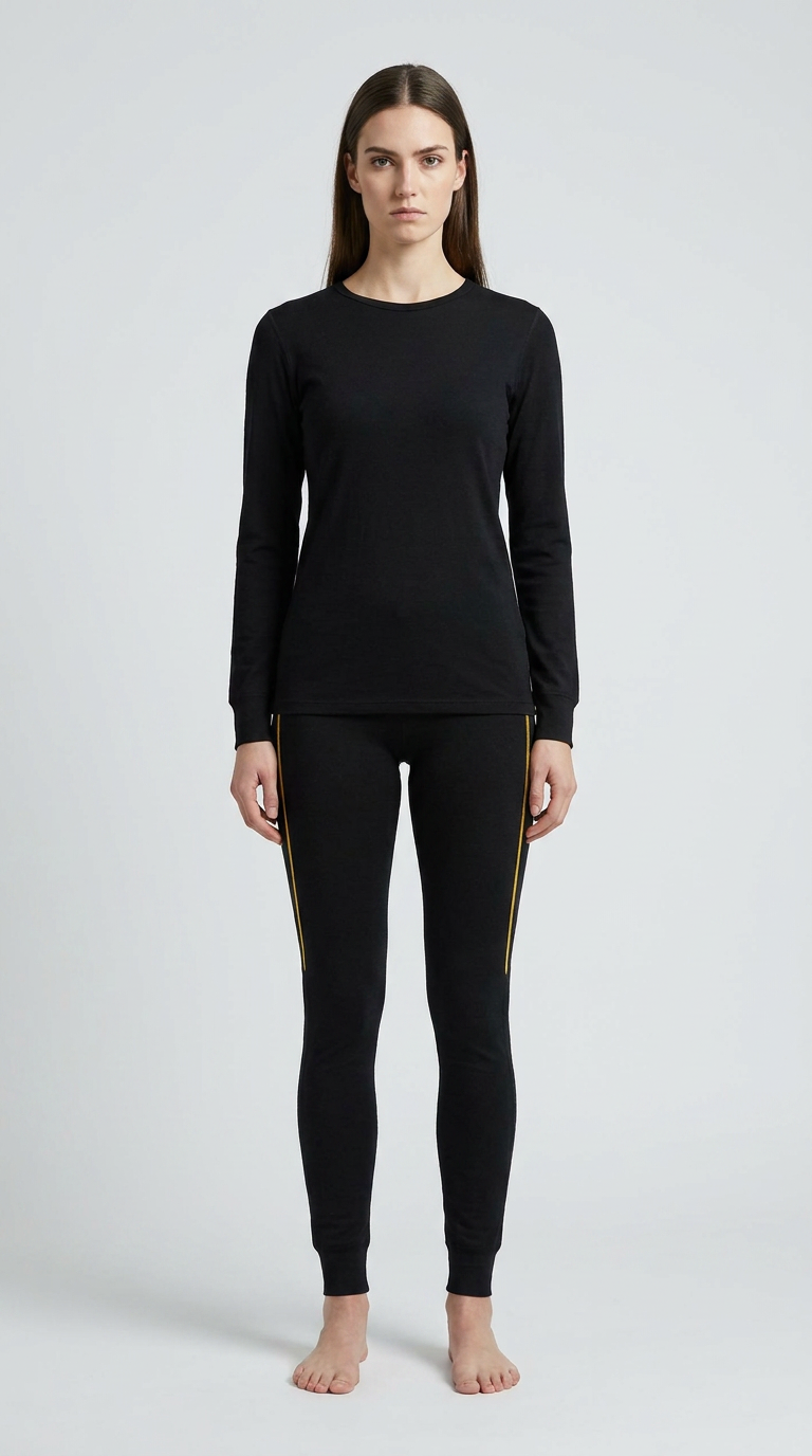 Kvinde i sort langærmet trøje og sorte leggings med gul sidestribe mod en grå baggrund.