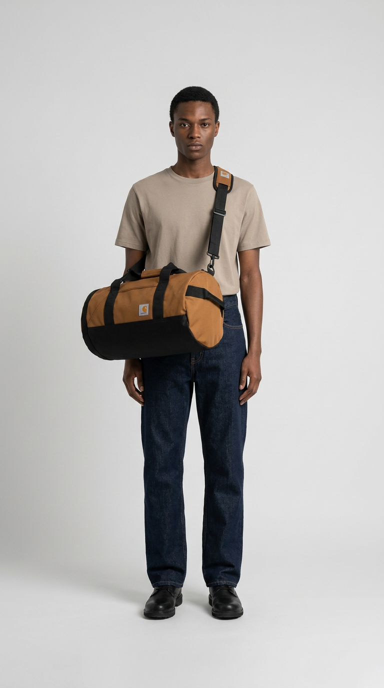 Mand i beige t-shirt og jeans med en brun og sort Carhartt sportstaske over skulderen mod en grå baggrund.