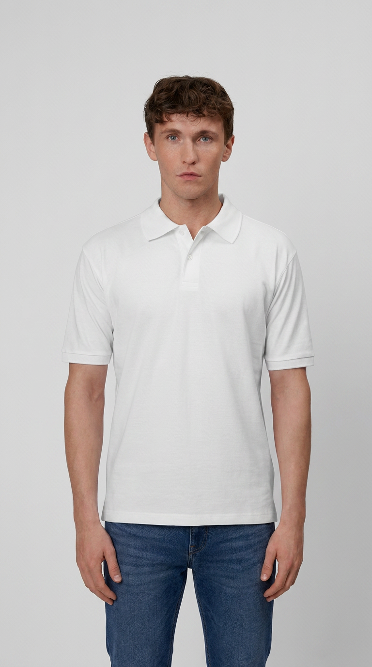 Mand i hvid kortærmet polo-shirt og blå jeans mod en lysegrå baggrund.