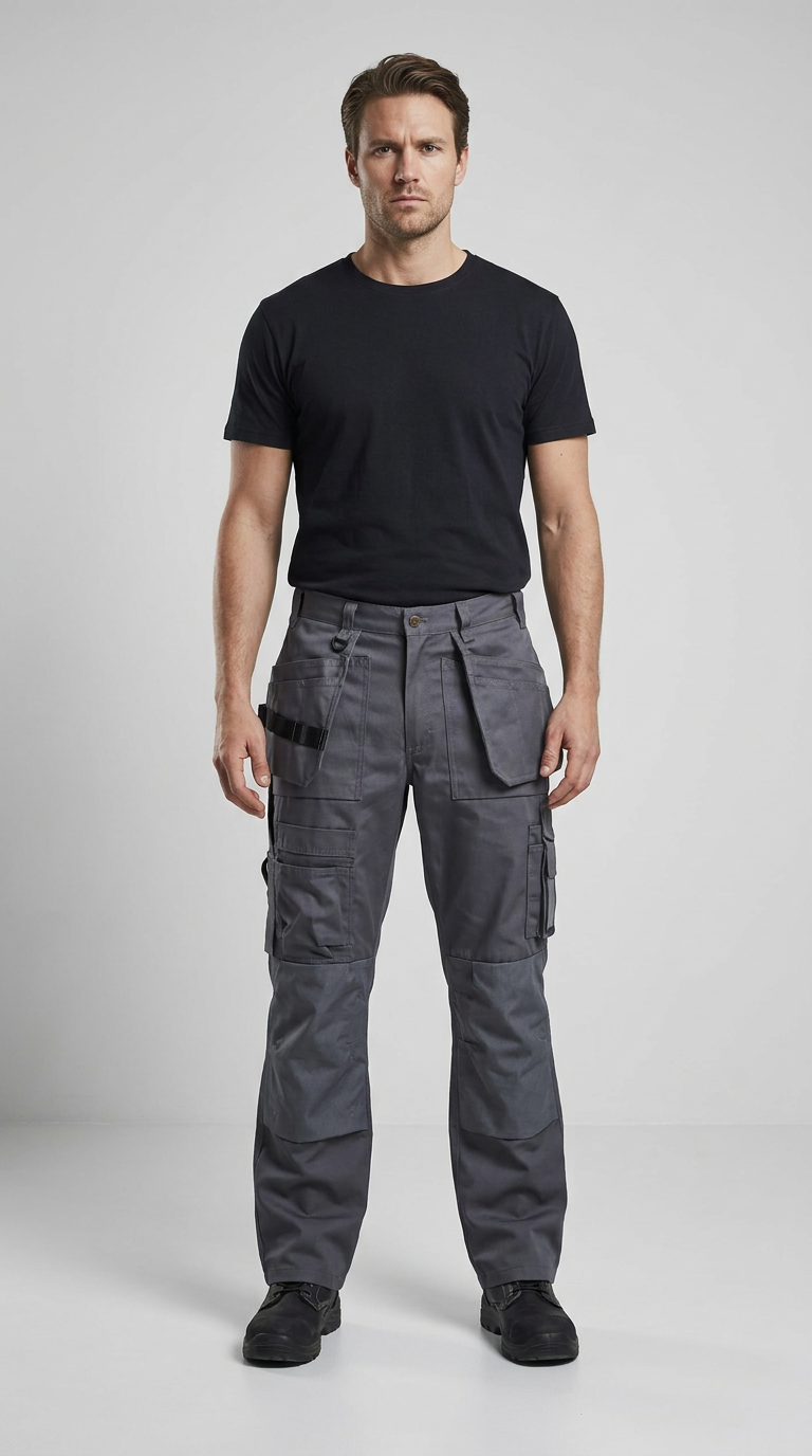 Mand iført sort t-shirt og grå arbejdsbukser med mange lommer stående mod en lys grå baggrund.