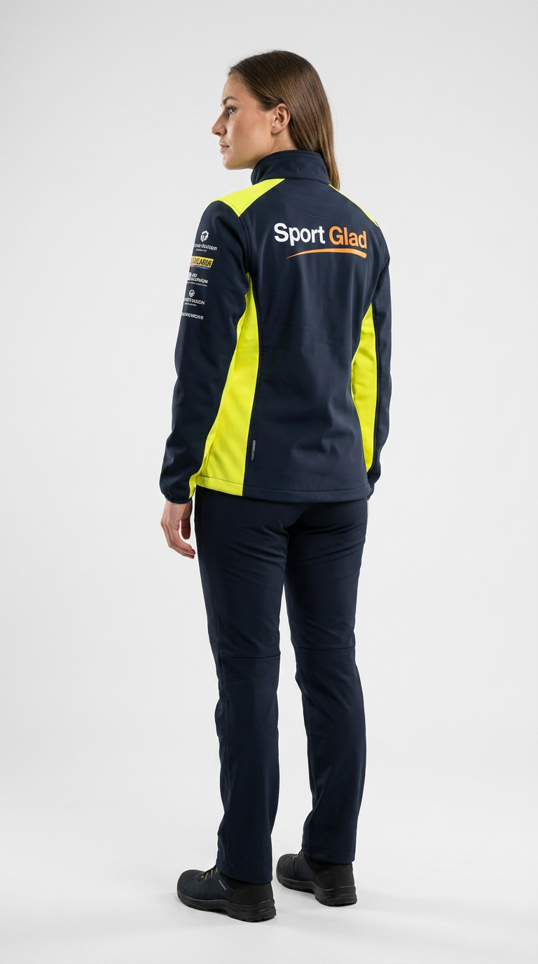 Kvinde i mørkeblå og neongul Sport Glad softshelljakke og bukser set bagfra mod hvid baggrund.