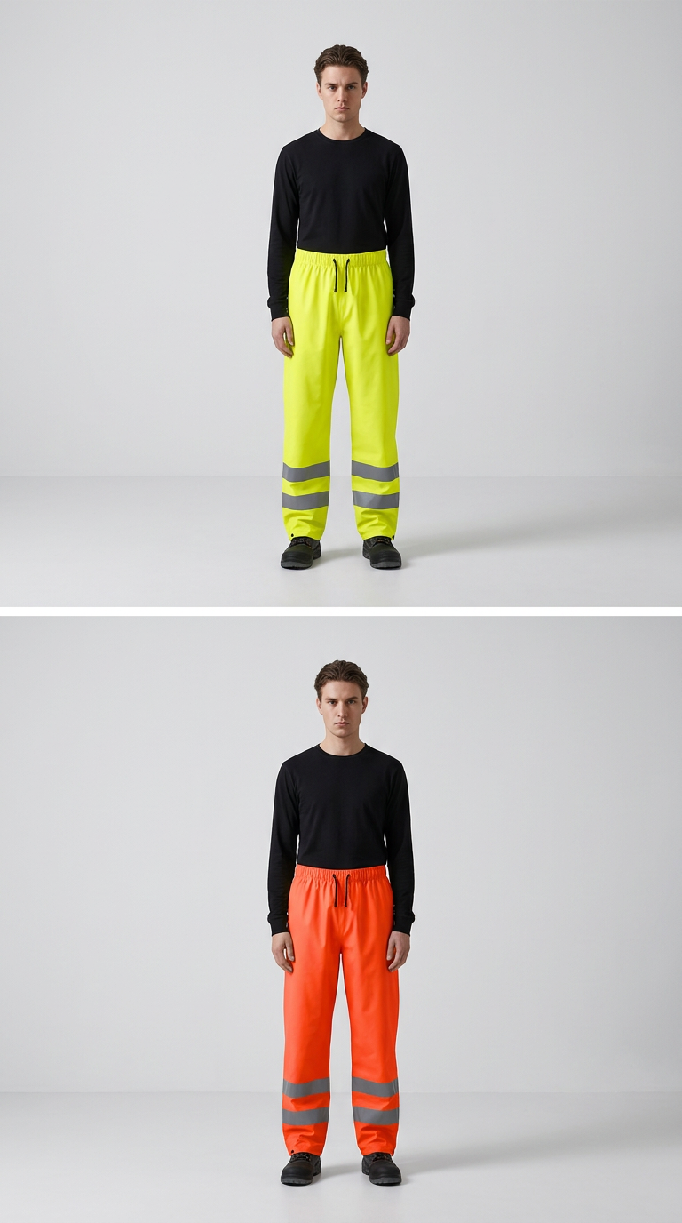 Mand i sorte trøjer iført gule og orange high-visibility arbejdsbukser med refleksbånd mod en grå baggrund.