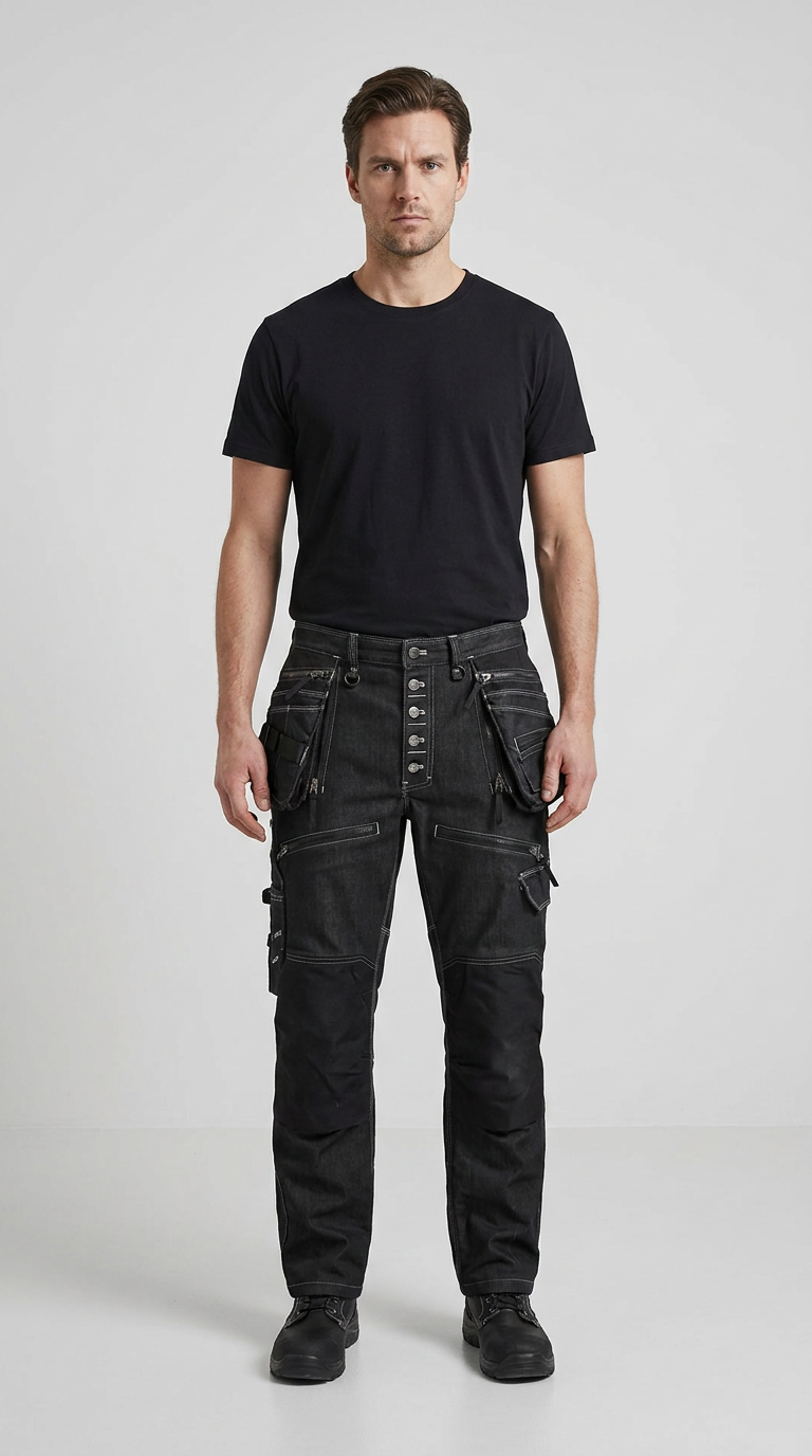 Mand iført sort t-shirt og sorte arbejdsbukser med mange lommer mod en lys baggrund.