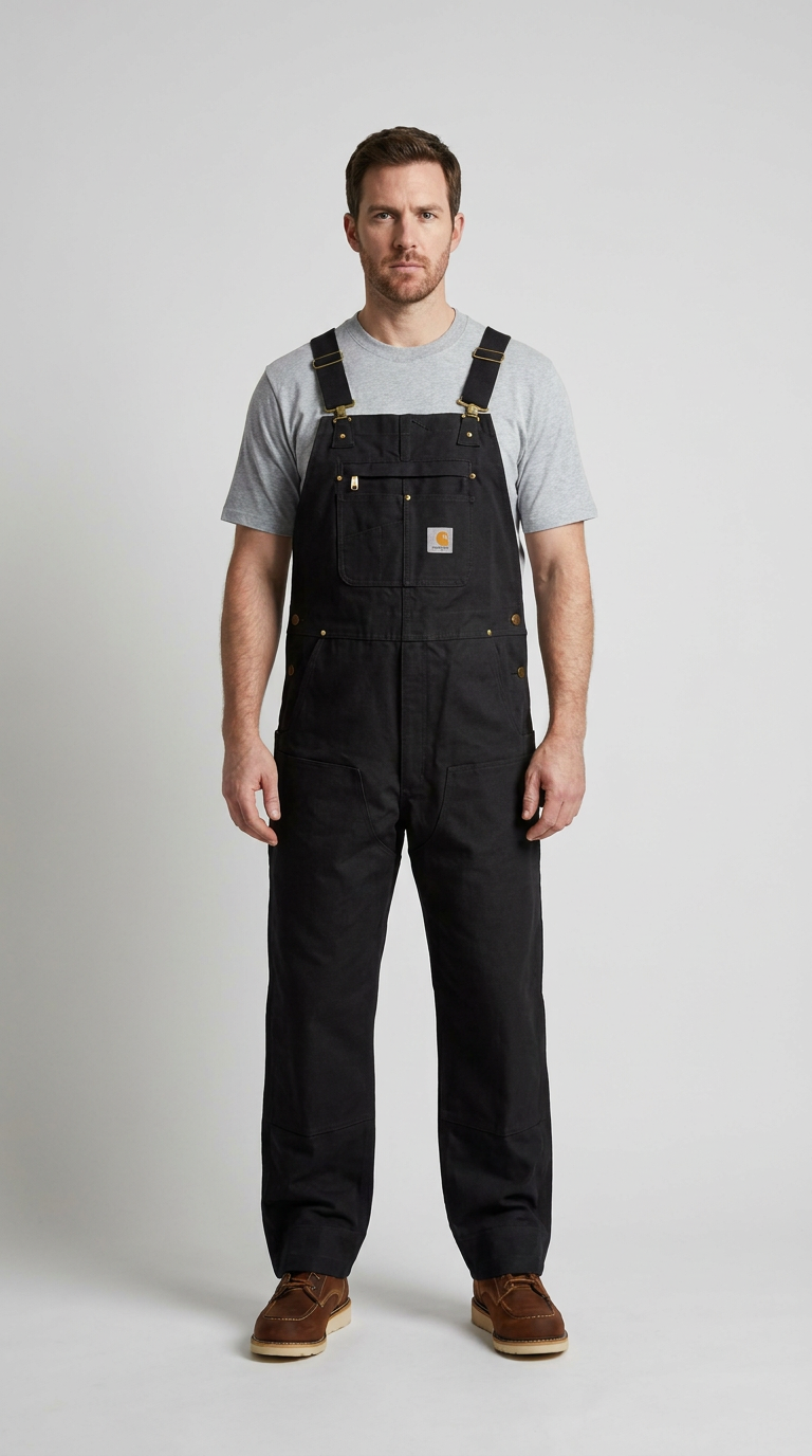 Mand i sorte Carhartt-overalls og en grå t-shirt mod en hvid baggrund.