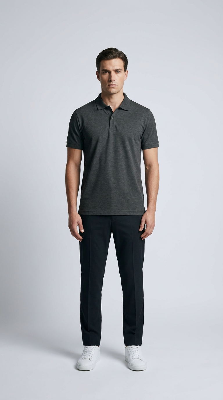 Mand i mørkegrå polo shirt, mørke bukser og hvide sneakers på en lys baggrund.