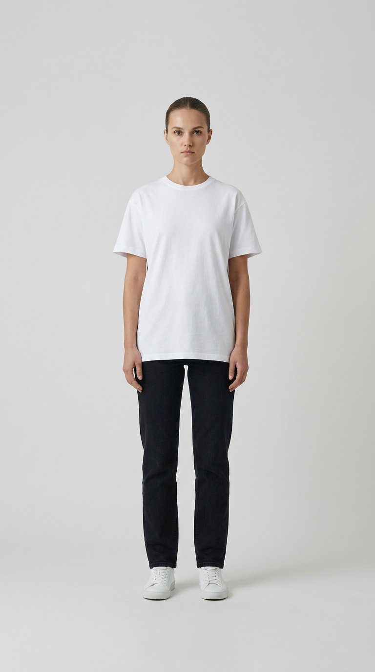 Kvinde i hvid t-shirt, sorte jeans og hvide sneakers mod en enkel grå baggrund.