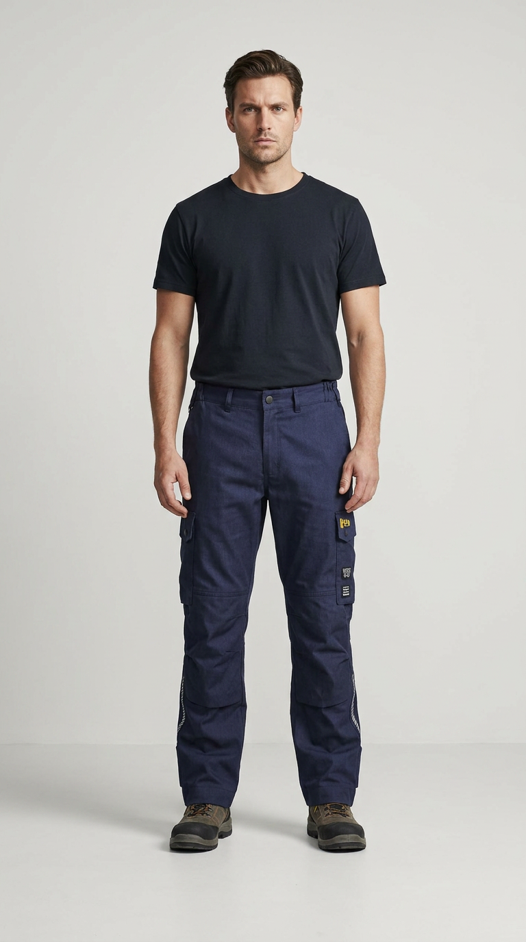 Mand iført sort t-shirt og mørkeblå arbejdsbukser med cargolommer og støvler mod en lys baggrund.