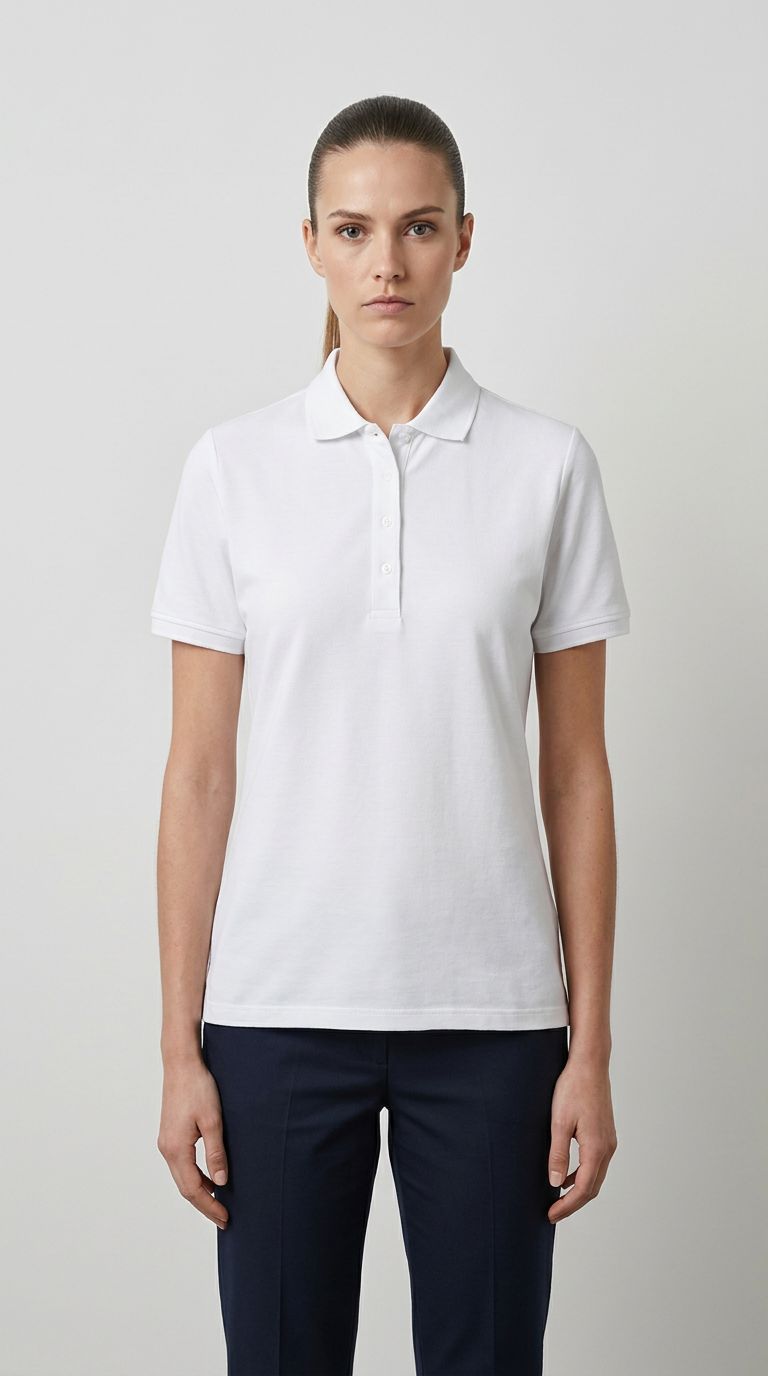 Kvinde iført en hvid kortærmet poloshirt og mørkeblå bukser foran en lys baggrund.