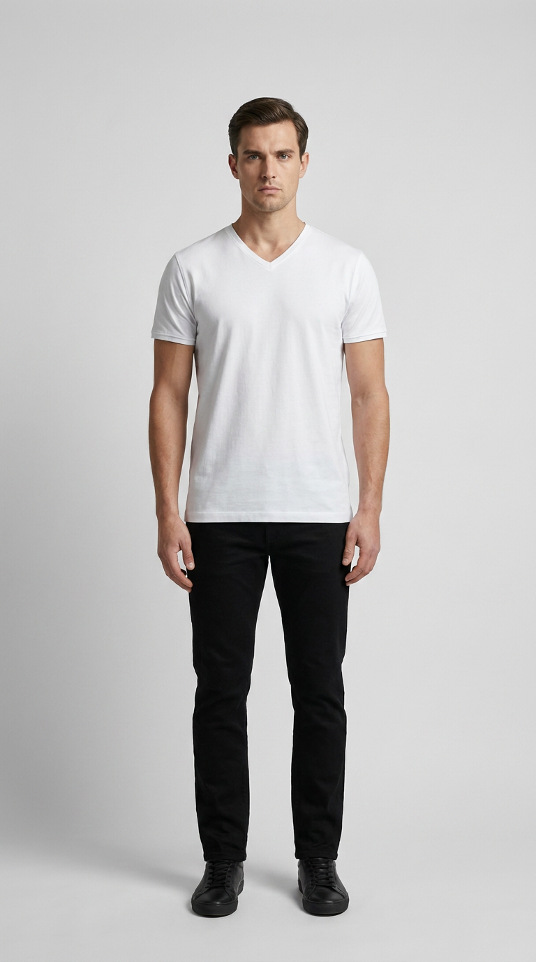 En mand iført en hvid t-shirt med v-hals og sorte bukser mod en grå baggrund.