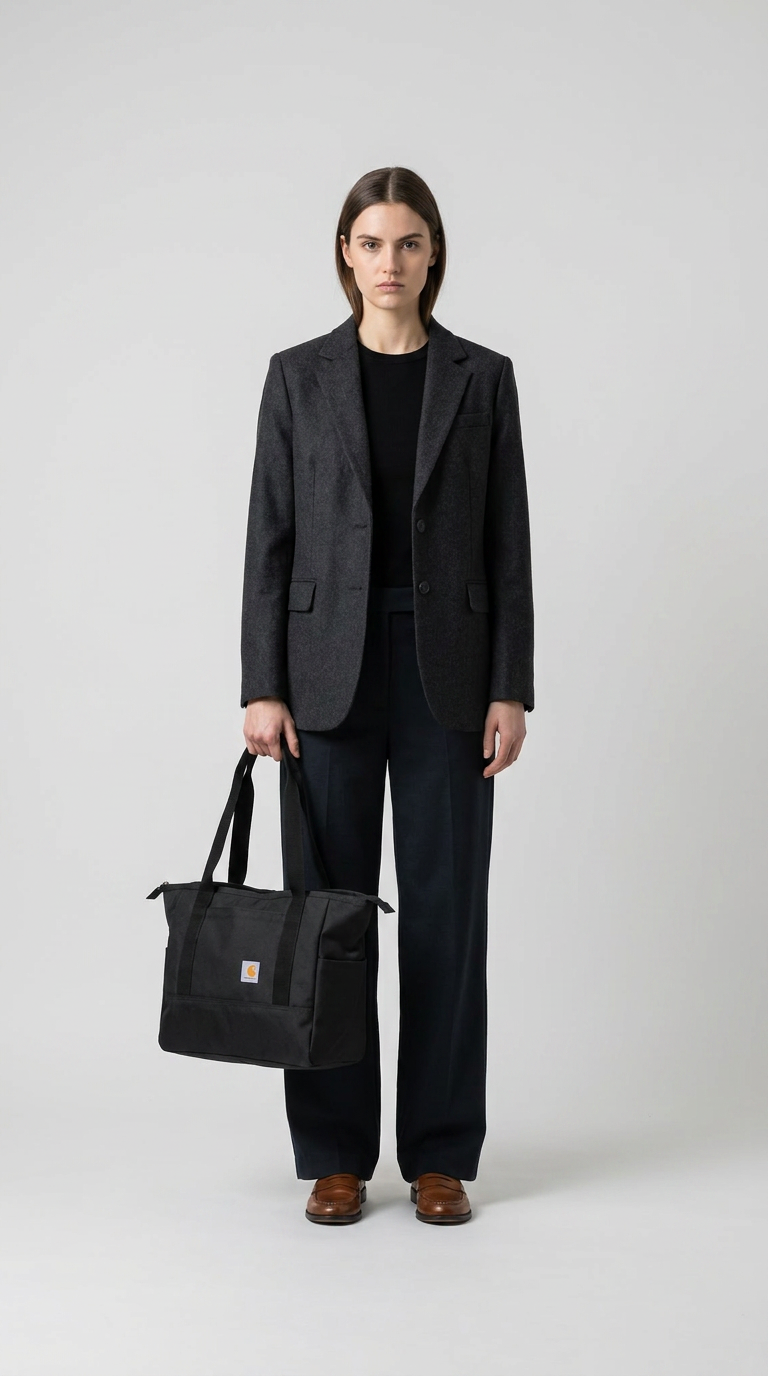 Kvinde i mørkegrå blazer og sorte bukser holder en sort Carhartt-taske mod en neutral baggrund.