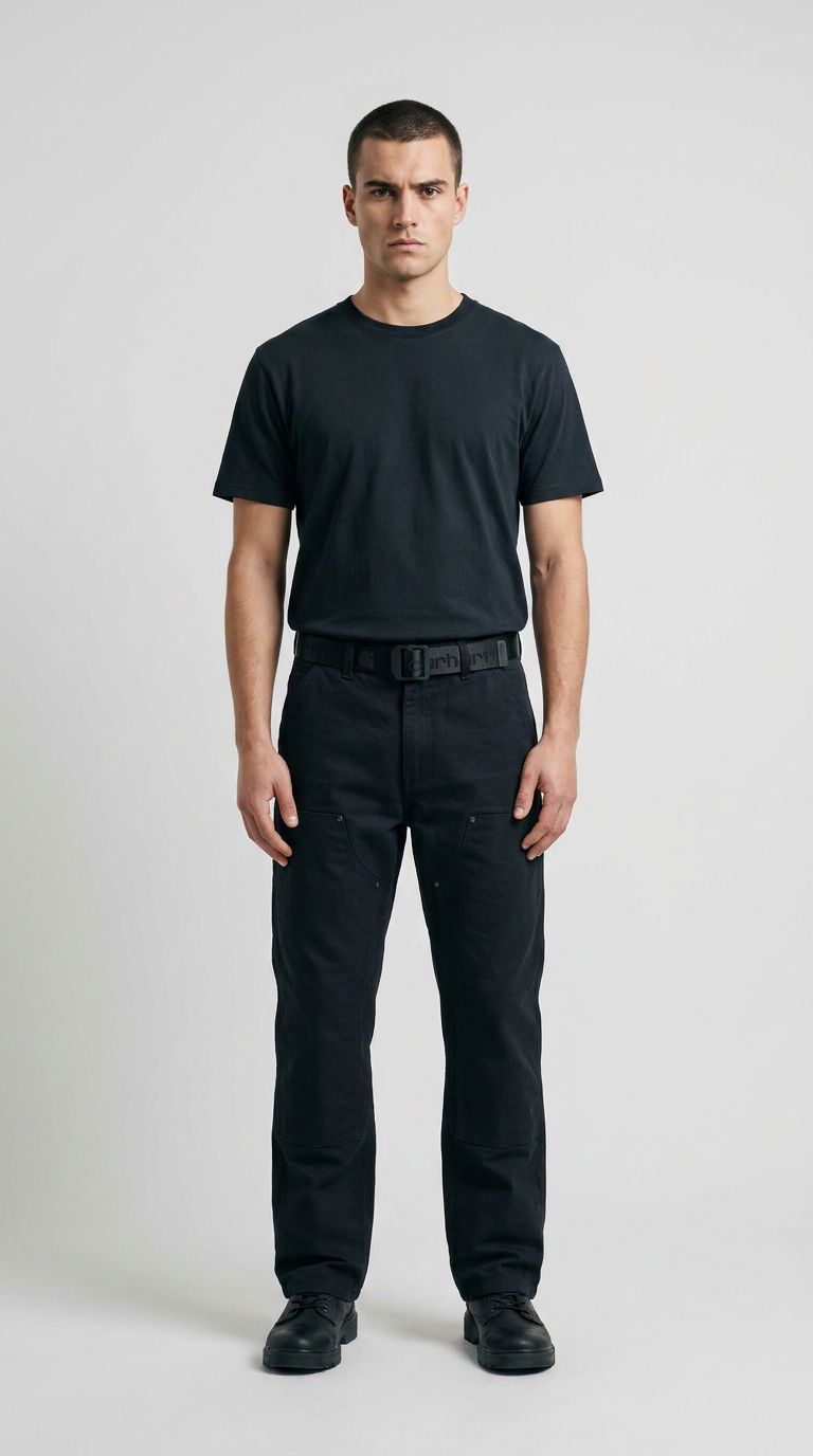 Mand i sort t-shirt og sorte arbejdsbukser stående mod en lys grå baggrund.
