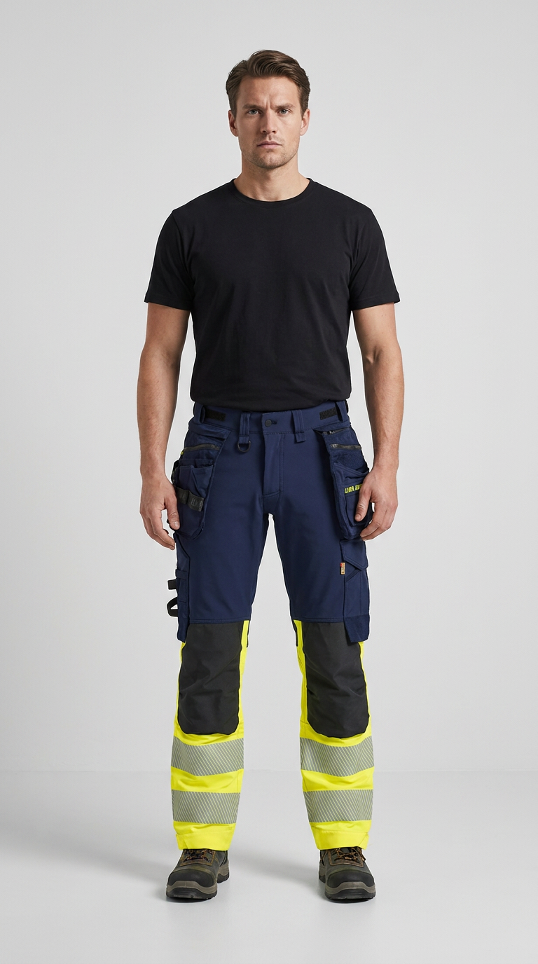 Mand i sort t-shirt og mørkeblå arbejdsbukser med gule high-vis ben og refleksstriber på en grå baggrund.