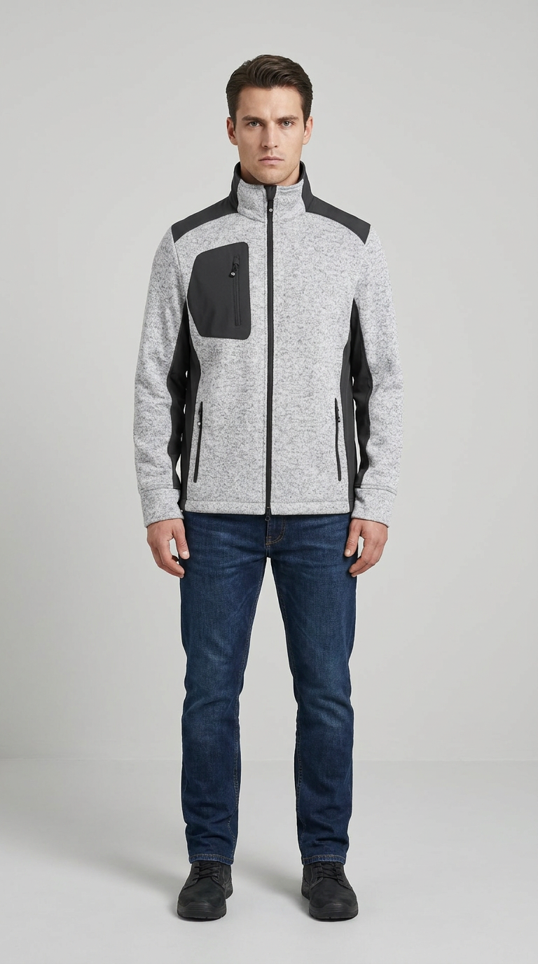 Mand iført en grå og sort fleecejakke med lynlås og mørkeblå jeans mod en neutral baggrund.
